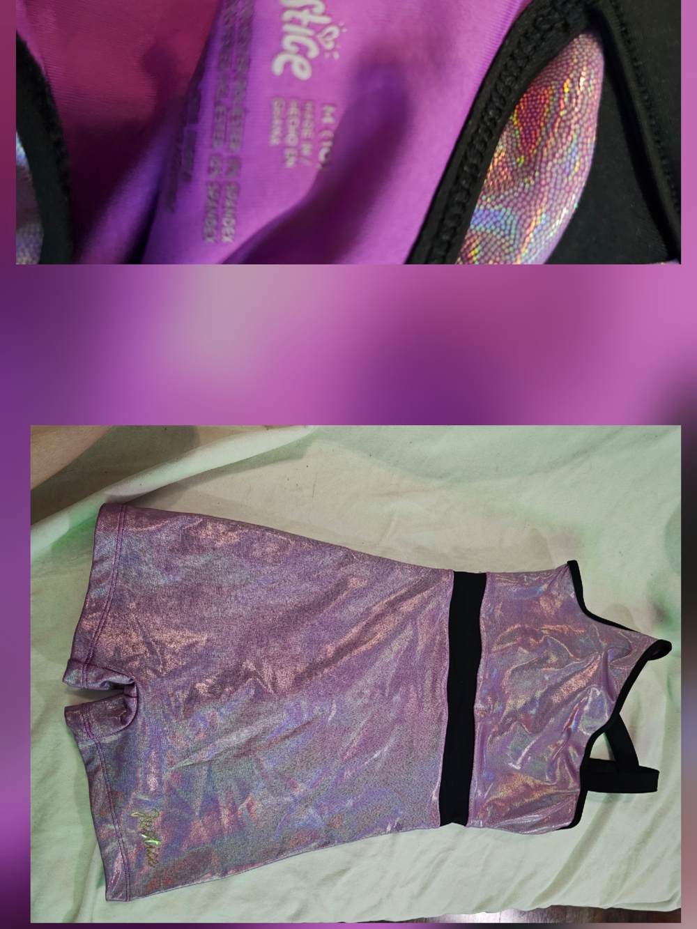 Justice Girls' Shimmery Purple Holographic One-Piece Leotard with Black Trim C10